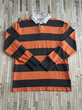 Vintage Rugby Ralph Lauren Men's XL Striped Orange Black Striped Polo Shirt